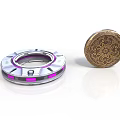 Two Decorative Components Silver Ring With Purple Glow And Golden Circular Patterned Element