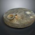Ancient Ceramic Sculpture with Circular Shape Textured Surface Handle and Opening