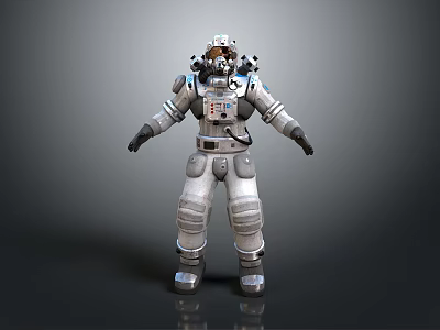Game Movie Character With White Blue Space Suit Standing 3D Model On Gray Background 3d model