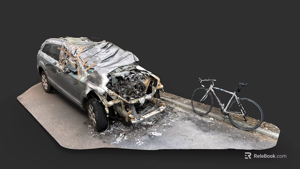 Burnt Car With Exposed Engine And Bicycle Parked Next To It 3d model 