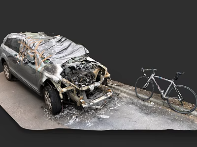 Burnt Car With Exposed Engine And Bicycle Parked Next To It 3d model