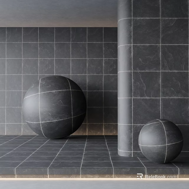 Grey Floor And Wall Tiles In Modern Interior With Spheres 3d model