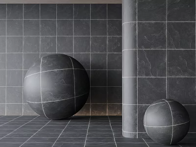 Grey Floor And Wall Tiles In Modern Interior With Spheres 3d model