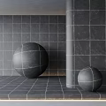 Grey Floor And Wall Tiles In Modern Interior With Spheres 3d model