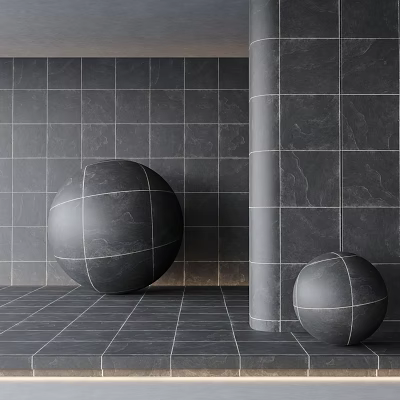 Grey Floor And Wall Tiles In Modern Interior With Spheres 3d model
