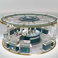 Silver Jewelry Store Circular Booth With Blue Counters Golden Frames And Glass Displays
