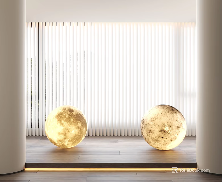 White Vertical Blinds In Bright Interior With Moon Shaped Lamps On Wooden Floor 3d model 
