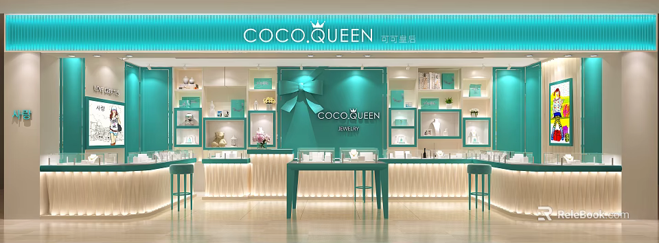 COCO QUEEN Jewelry Store Interior With Blue Wall Display Cabinets And Jewelry Displays 3d model 