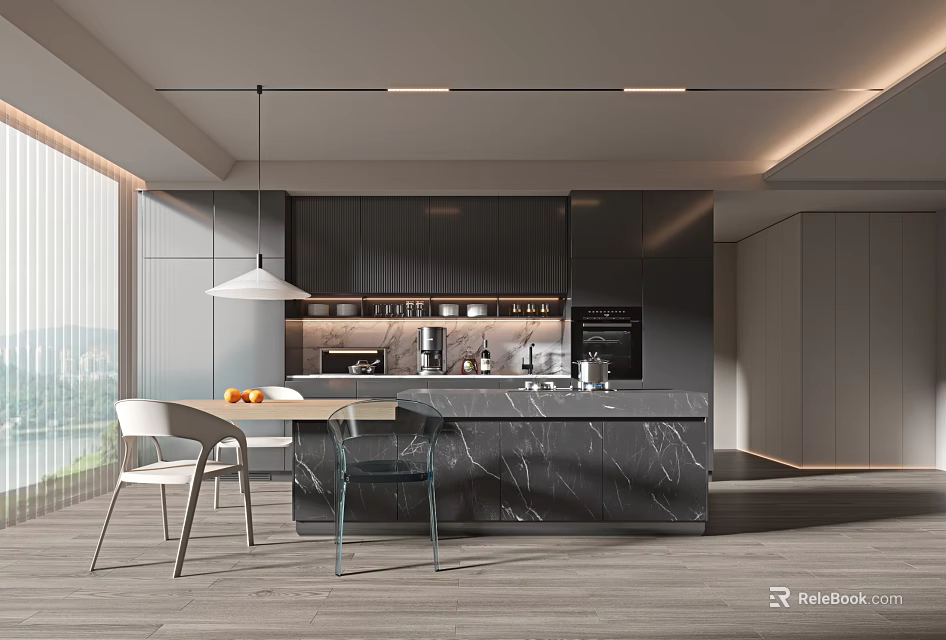 Modern Kitchen with Dark Cabinets Marble Island Hanging Lamp and Outside View 3d model 