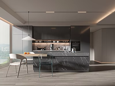 Modern Kitchen with Dark Cabinets Marble Island Hanging Lamp and Outside View 3d model