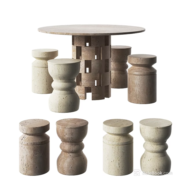 Round Stone Table with Cylindrical Stools Beige and Brown Layered Design Geometric Base 3d model