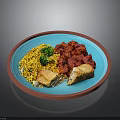 Tasty Rice Broccoli Meat and Bitten Fried Rolls Served on Blue Plate