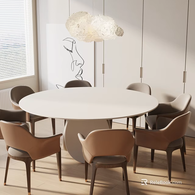 Round White Dining Table Set With Beige Chairs Pendant Light Window And Wall Art 3d model