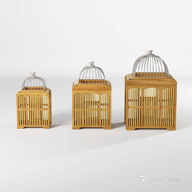 Decorative Ornament Set of Wooden Birdcages with Metal Tops in Various Sizes 3d model 
