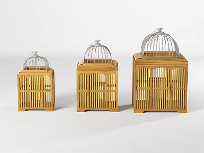 Decorative Ornament Set of Wooden Birdcages with Metal Tops in Various Sizes 3d model