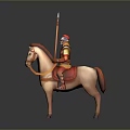 Medieval Knight In Armor Riding White Horse With Spear On Gray Background