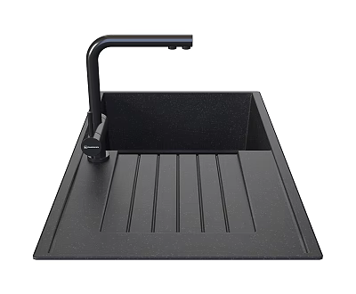 Black Quartz Kitchen Sink With Black Faucet And Striped Drainboard 3d model