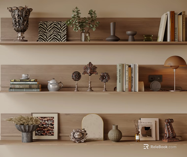 Decorative Ornament Combinations on Wooden Shelves with Vases Sculptures Books Photo Frames Plants and Lamp 3d model 