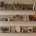 Decorative Ornament Combinations on Wooden Shelves with Vases Sculptures Books Photo Frames Plants and Lamp