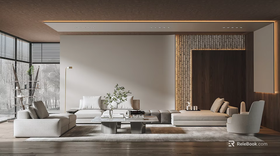 Modern Living Room Interior Design With Sofa Coffee Table Plants And Wooden Accent Wall 3d model 
