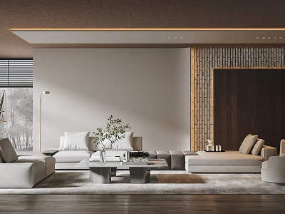 Modern Living Room Interior Design With Sofa Coffee Table Plants And Wooden Accent Wall 3d model