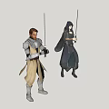 Man In Sci Fi Warrior Outfit Holding Sword Against Gray Background