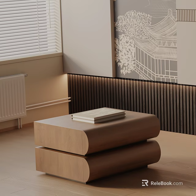 Modern Wooden Bedside Table With Stacked Design Near Window Blinds And Wall Art 3d model 
