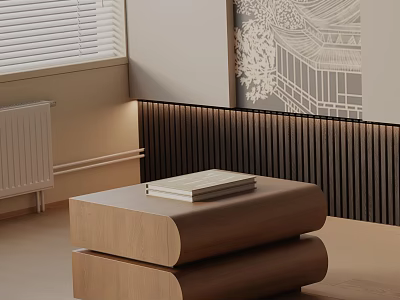 Modern Wooden Bedside Table With Stacked Design Near Window Blinds And Wall Art 3d model