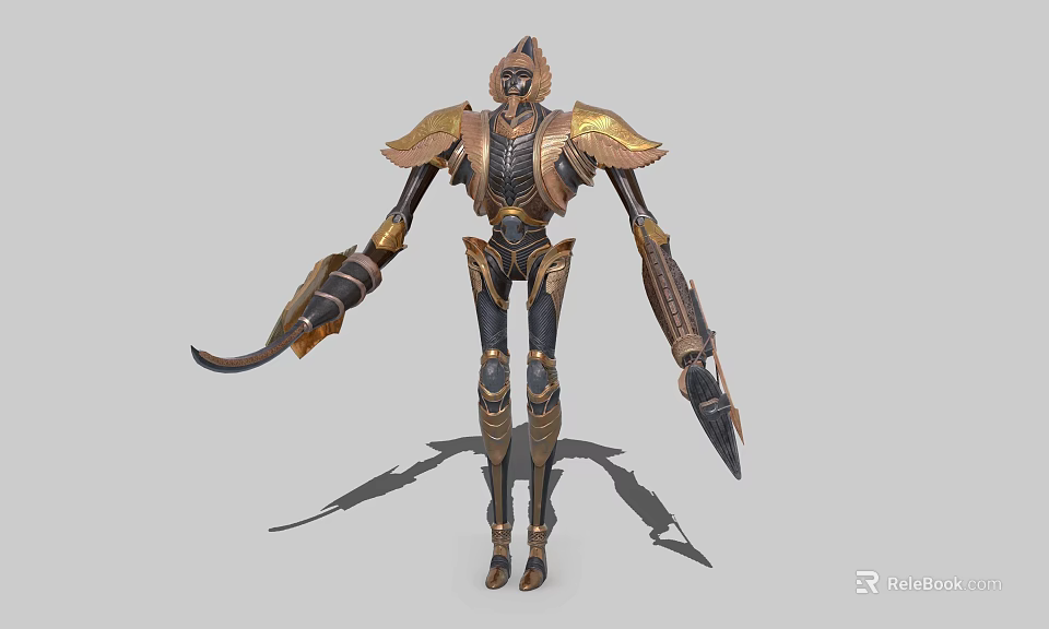 Game And Movie Character With Mechanical Armored Body Gold Black Color Ornate Clawed Hands Spear 3d model 