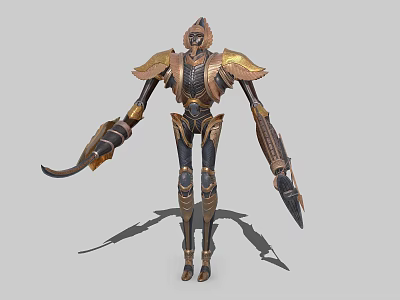 Game And Movie Character With Mechanical Armored Body Gold Black Color Ornate Clawed Hands Spear 3d model