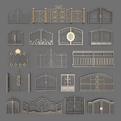 Ornate Wrought Iron Entry Gates With Intricate Patterns And Various Decorative Styles 3d model