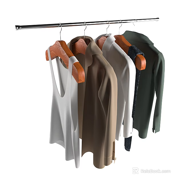 Assorted Color Clothes On Wooden Hangers Including Tank Tops And Long Sleeve Shirts 3d model 