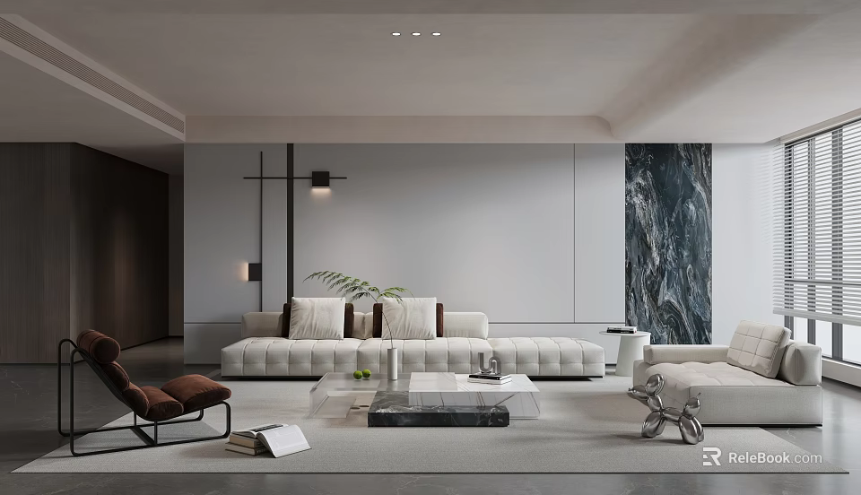 Modern Living Dining Room Interior With White Sofa Coffee Table And Decorative Painting 3d model 