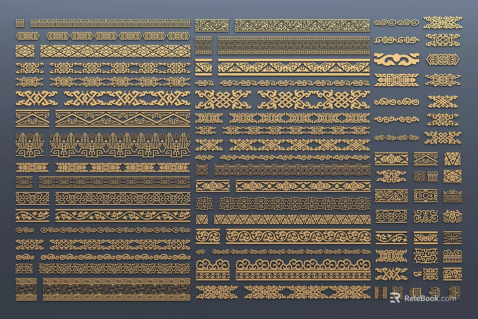 Various Decorative Carved Patterns Featuring Ornamental Design Elements and Motifs 3d model 