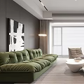 Modern Living Room Interior With Green Sofa White Coffee Tables And Floor To Ceiling Windows