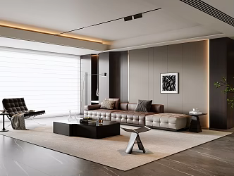 Italian-style Living Room Sofa Coffee Table Combination Leather Sofa Plant Leisure Chair Stool Side Table Floor Lamp Black and White Hanging Picture Dream Curtain Unhosted Lamp 3d model