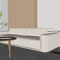 Three Seater Modern Minimalist Beige Sofa With Round Coffee Table Wooden Wall And Indoor Plant In Living Room