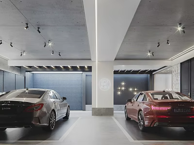 Modern Garage Interior Design With Parked Vehicles Gray Walls And Ceiling Lights 3d model