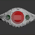 Silver Ring Featuring Red Central Gemstone Green Accent Stones And Intricate Carvings