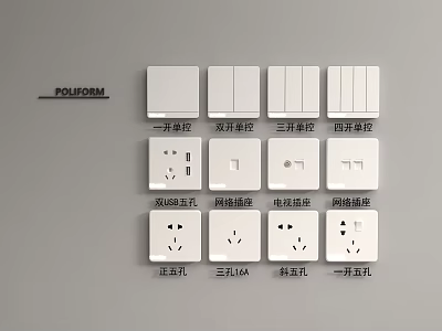 POUJOM White Electrical Switches And Sockets With Different Functional Types Including USB Network TV 3d model
