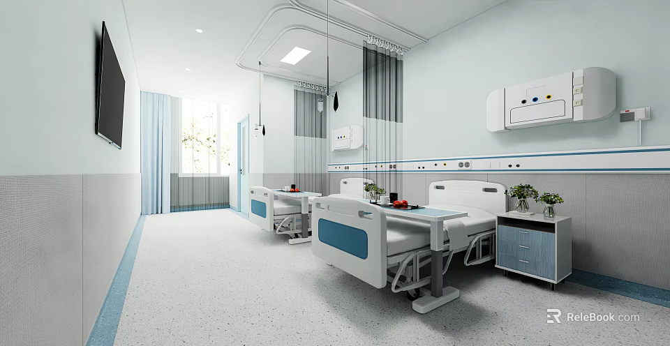 Hospital Ward Interior With Two Hospital Beds Medical Equipment And Curtains 3d model 