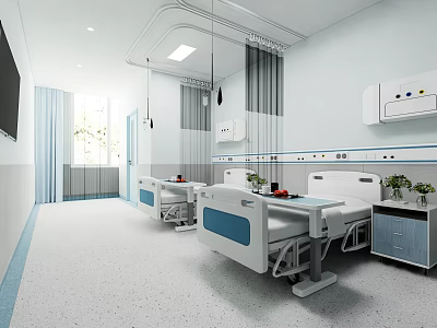 Hospital Ward Interior With Two Hospital Beds Medical Equipment And Curtains 3d model