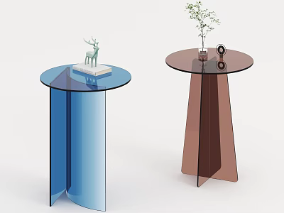 Modern Stylish Glass Top Side Tables With Blue And Brown Geometric Bases 3d model