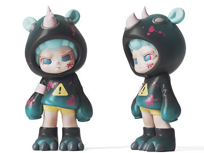 Cute Monster Dolls With Horns Dark Hoodie Yellow Shorts Blue Eyes And Pink Splatter 3d model
