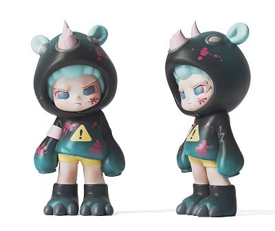 Cute Monster Dolls With Horns Dark Hoodie Yellow Shorts Blue Eyes And Pink Splatter 3d model