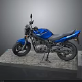 Stylish Blue Motorcycle Side View With Black Seat On Gray Platform