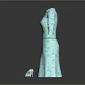 Light Blue Floral Pattern Long Sleeve Dress with Belt and Matching High Heels