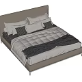 Modern Double Bed With Upholstered Headboard Striped Pillows And Dark Blanket 3d model