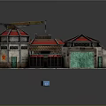 Cartoon Industrial Scene With Buildings Red Roofs Red Star Symbols Blue Crates And Loading Area