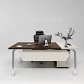 Modern Office Desk With Wooden Top White Cabinet Computer Plant And Ergonomic Chair